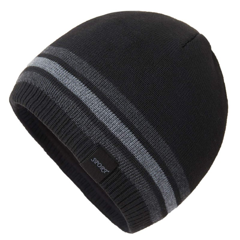 OMECHY Mens Winter Beanie Hat Oversized Warm Knit Fleece Lined Short Beanie Ski Skull Cap Black - Image 1